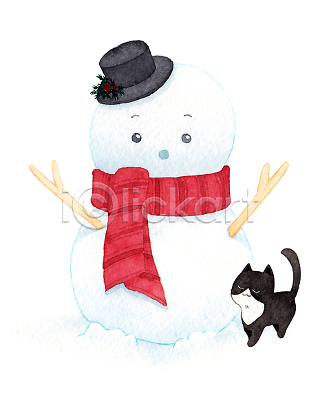 사람없음 JPG 일러스트 포토 해외이미지 겨울 고양이 눈사람 목도리 수채화(물감)