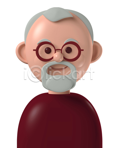 남자 노년 노인남자한명만 한명 3D JPG 포토 해외이미지 디자인 미소(표정) 상반신 수염 심플 아바타 안경 안경낌 캐릭터 코믹