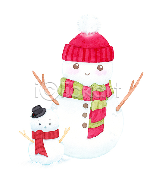 사람없음 JPG 일러스트 포토 해외이미지 겨울 눈사람 디자인 목도리 수채화(물감) 털모자