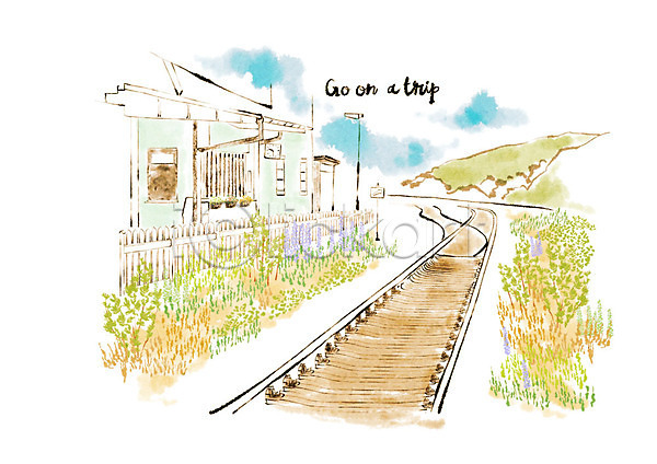 휴식 사람없음 PSD 일러스트 기차역 기찻길 꽃밭 들꽃 마을 수채화(물감) 시골 여행 초록색 파란색 힐링