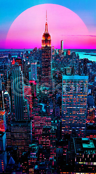 화려 사람없음 PSD 편집이미지 네온 네온아트 뉴욕 달 도로 도시 도시풍경 모던 빌딩 빛 야경 컬러풀 탑 해외풍경