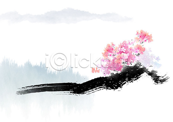사람없음 PSD 일러스트 흑백 꽃 나무 번짐 봄 분홍색 붓터치 숲 언덕 자연 캘리그라피 풍경(경치)