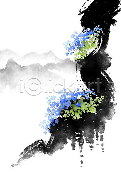 사람없음 PSD 일러스트 흑백 검은색 꽃 번짐 봄 붓터치 산 자연 절벽 캘리그라피 파란색 풍경(경치)
