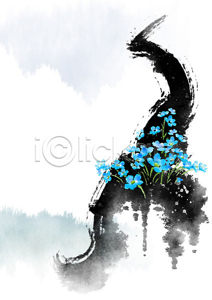 사람없음 PSD 일러스트 흑백 꽃 번짐 봄 붓터치 산 자연 절벽 캘리그라피 파란색 풍경(경치)