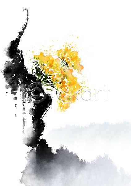 사람없음 PSD 일러스트 흑백 꽃 노란색 번짐 봄 붓터치 산 자연 절벽 캘리그라피 풍경(경치)