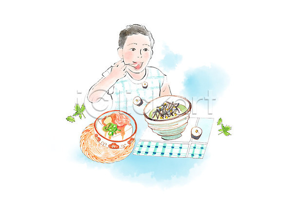남자 사람 성인 성인남자한명만 한명 PSD 일러스트 덮밥 미소(표정) 상반신 수채화(물감) 식탁보 요리 일본 일본문화 일본음식 잎