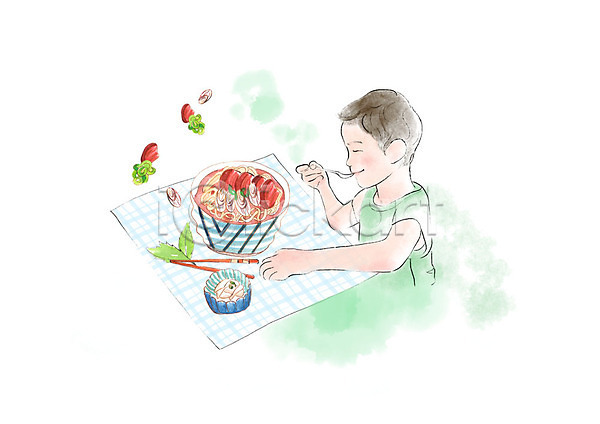 남자 사람 소년한명만 어린이 한명 PSD 일러스트 국물 먹기 상반신 수채화(물감) 식탁보 요리 일본 일본문화 일본음식 잎 젓가락