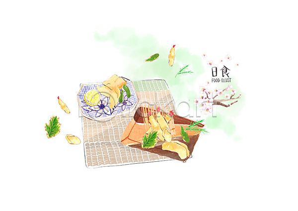 사람없음 PSD 일러스트 돗자리 벚꽃 벚나무 새우튀김 수채화(물감) 일본 일본문화 일본음식 잎