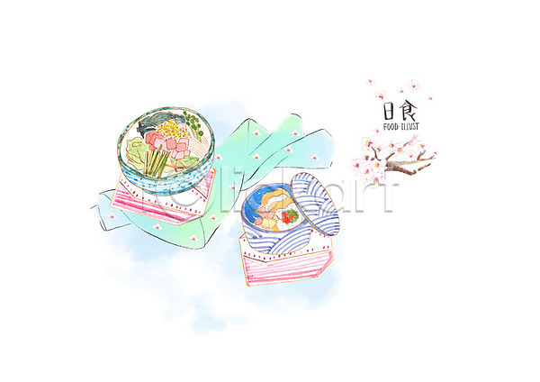 사람없음 PSD 일러스트 냅킨 도시락 벚꽃 벚나무 벤또 수채화(물감) 식탁보 요리 일본 일본문화 일본음식