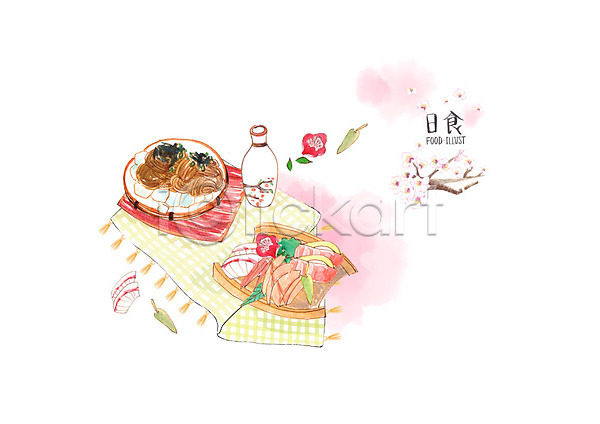사람없음 PSD 일러스트 메밀국수 벚꽃 벚나무 사케 생선회 수채화(물감) 일본문화 일본음식