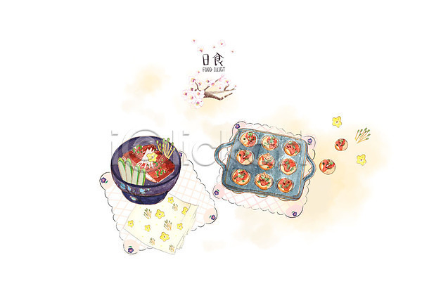 사람없음 PSD 일러스트 냅킨 덮밥 벚꽃 벚나무 수채화(물감) 식탁보 요리 일본문화 일본음식 장어 장어덮밥 타코야키