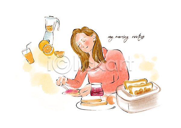 계획 상쾌 사람 성인 성인여자한명만 여자 한명 PSD 일러스트 믹서 분홍색 상반신 식사 아침 아침식사 오렌지 오렌지주스 잼 주황색 토스트 토스트기