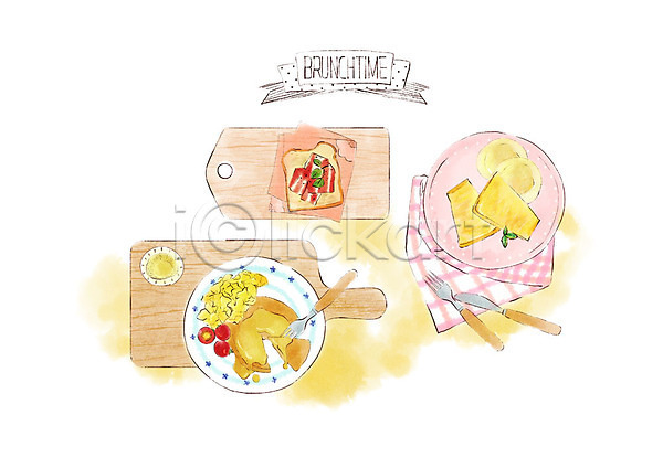 달콤 따뜻함 사람없음 PSD 일러스트 냅킨 노란색 도마 메뉴 베이컨 분홍색 브런치 수채화(물감) 토스트 팬케이크