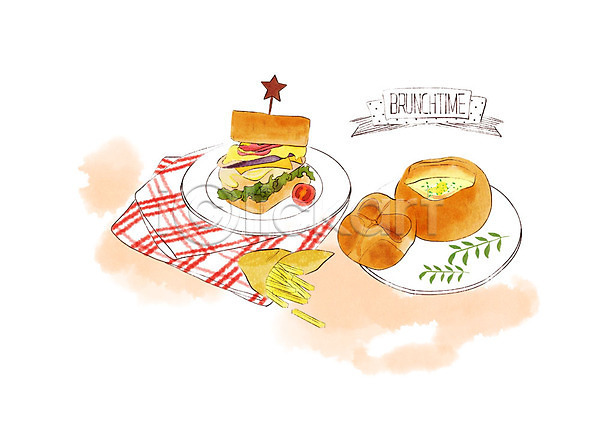 달콤 따뜻함 사람없음 PSD 일러스트 감자튀김 냅킨 노란색 메뉴 바게트 브런치 빨간색 빵스프 샌드위치 수채화(물감) 수프 접시
