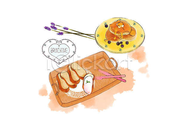 달콤 따뜻함 사람없음 PSD 일러스트 노란색 메뉴 바게트 바구니 버터 브런치 블루베리 수채화(물감) 접시 주황색 크림치즈 팬케이크