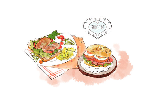 달콤 따뜻함 사람없음 PSD 일러스트 냅킨 닭가슴살 메뉴 브런치 샌드위치 수채화(물감) 스크램블 스크램블에그 주황색 크루아상