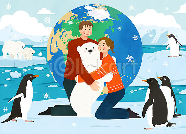 보호 사랑 지구온난화 남자 두명 사람 성인 여자 PSD 일러스트 공존 그린캠페인 남극 무릎꿇기 북극 북극곰 빙하 안기 자연 자연보호 전신 지구 책임감 캠페인 펭귄 포옹