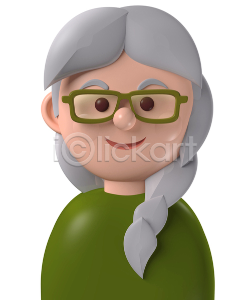노년 노인여자한명만 사람 여자 한명 3D JPG 포토 해외이미지 디자인 미소(표정) 상반신 아바타 안경 안경낌 초록색 캐릭터 코믹