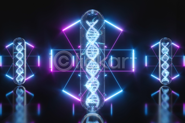 사람없음 3D JPG 일러스트 해외이미지 DNA 겹침 그래픽 네온 백그라운드 생명공학 유리관 유전자구조 이중나선 이중나선구조 직사각형 추상