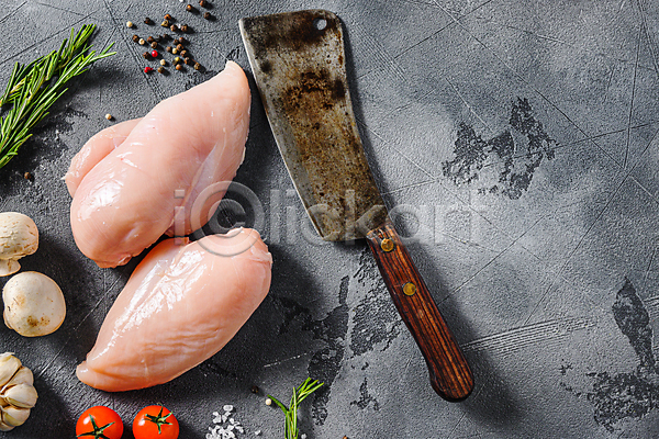 사람없음 JPG 포토 해외이미지 닭가슴살 로즈메리 마늘 방울토마토 버섯 생고기 생닭 식칼