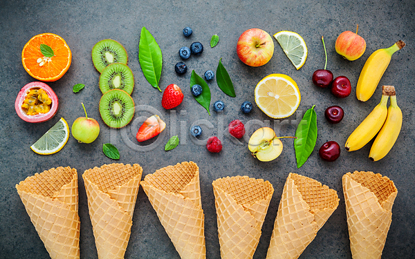 사람없음 JPG 포토 해외이미지 레몬 바나나 블루베리 사과 산딸기 아이스크림콘 오렌지 잎 체리 키위 패션후르츠