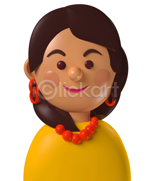 사람 여자 중년 중년여자한명만 한명 3D JPG 포토 해외이미지 갈색 노란색 디자인 목걸이 미소(표정) 상반신 심플 아바타 캐릭터 코믹