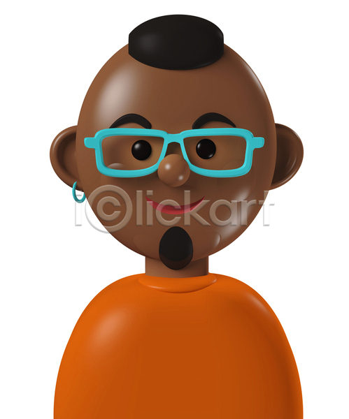 남자 사람 성인 성인남자한명만 중년 한명 흑인 3D JPG 포토 해외이미지 갈색 귀걸이 디자인 미소(표정) 상반신 수염 심플 아바타 안경 안경낌 캐릭터 코믹