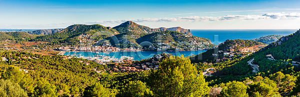 사람없음 JPG 포토 해외이미지 건물 건축양식 관광지 도시 만 물 바다 산 섬 스페인 스페인어 야외 언덕 여행 유럽 자연 주택 지중해 타운 태양 파노라마 파란색 풍경 하늘 항구 해외포토 휴가