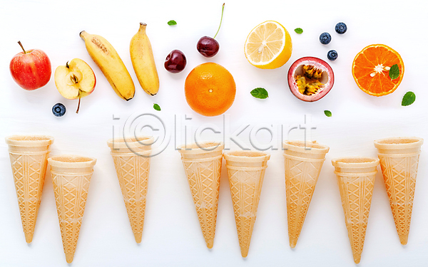 사람없음 JPG 포토 해외이미지 레몬 바나나 블루베리 사과 아이스크림콘 오렌지 체리 패션후르츠