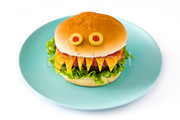 축하 사람없음 JPG 포토 해외이미지 괴물 몬스터 접시 컨셉 파티 할로윈 햄버거 흰배경