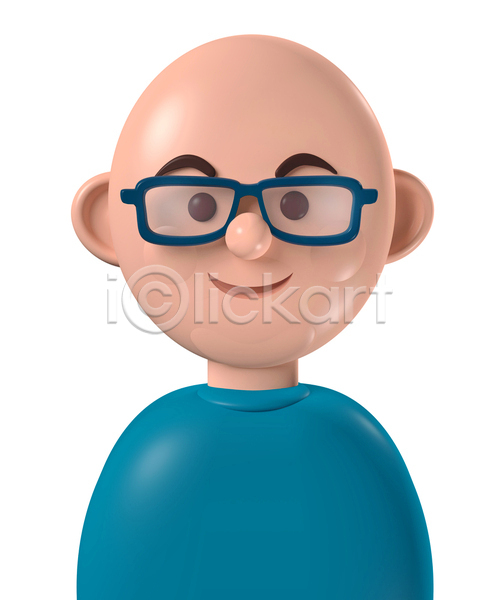 남자 백인 사람 성인 성인남자한명만 한명 3D JPG 포토 해외이미지 대머리 디자인 미소(표정) 상반신 심플 아바타 안경 안경낌 캐릭터 코믹 파란색