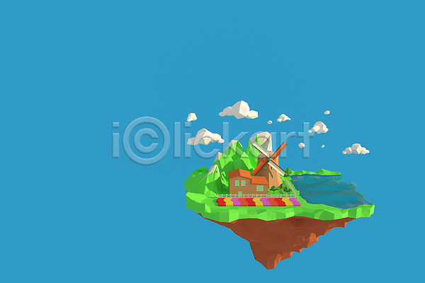 사람없음 3D JPG 포토 해외이미지 구름(자연) 나무 로우폴리 산 세계문화유산 잔세스칸스 주택 지형 풍차 풍차집 호수