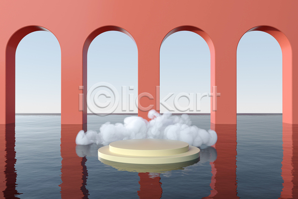 사람없음 3D JPG 포토 해외이미지 공간 구름(자연) 단상 물 반사 백그라운드 분홍색 아치 원형 포디움 하늘색