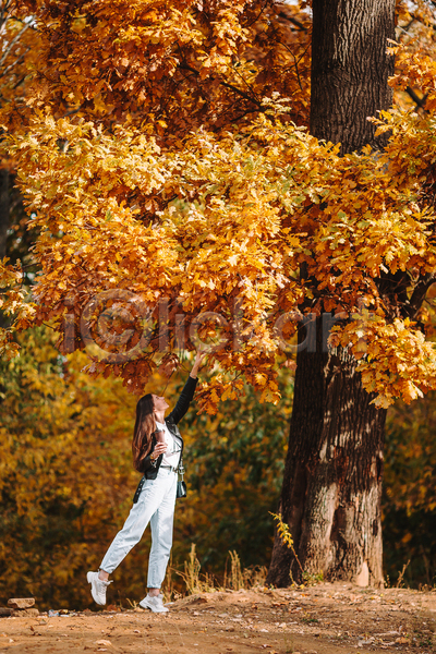 성인 성인여자한명만 여자 한명 JPG 옆모습 포토 해외이미지 가을(계절) 갈색 공원 낙엽 단풍나무 들기 손뻗기 올려보기 전신 테이크아웃컵 풀(식물)