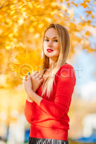 성인 성인여자한명만 여자 한명 JPG 아웃포커스 옆모습 포토 해외이미지 가을(계절) 공원 그늘 낙엽 들기 상반신 손모으기