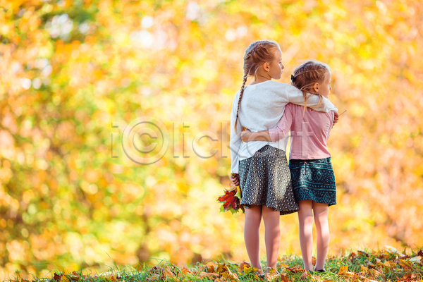 두명 백인 소녀(어린이) 소녀만 아기 어린이 여자 JPG 포토 해외이미지 가을(계절) 가을풍경 가족 나무 단풍 맑음 미소(표정) 숲 야외 어깨동무 언니 자매 포옹