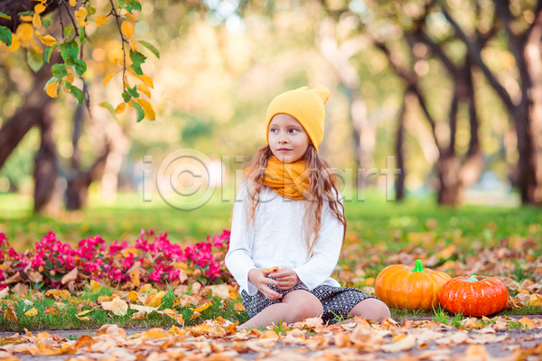 소녀(어린이) 소녀한명만 어린이 여자 한명 JPG 아웃포커스 앞모습 포토 해외이미지 가을(계절) 공원 낙엽 들기 미소(표정) 앉기 응시 전신 호박