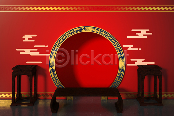 사람없음 3D JPG 포토 해외이미지 검은색 공간 백그라운드 빨간색 스타일 원형 중국 중국전통 탁자