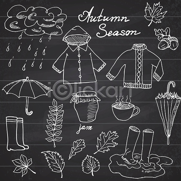 사람없음 JPG 포토 해외이미지 가을(계절) 그림 나뭇잎 낙서 도토리 비구름 빗방울 스웨터 우비 우산 장화 잼 찻잔 타이포그라피