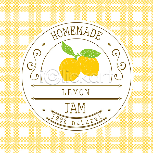 사람없음 JPG 일러스트 프레임일러스트 해외이미지 과일잼 노란색 라벨 레몬 원형프레임 체크무늬 홈메이드