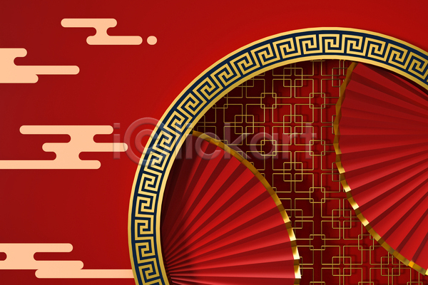 사람없음 3D JPG 포토 해외이미지 공간 백그라운드 벽 빨간색 스타일 원형 전통문양 중국전통 커튼