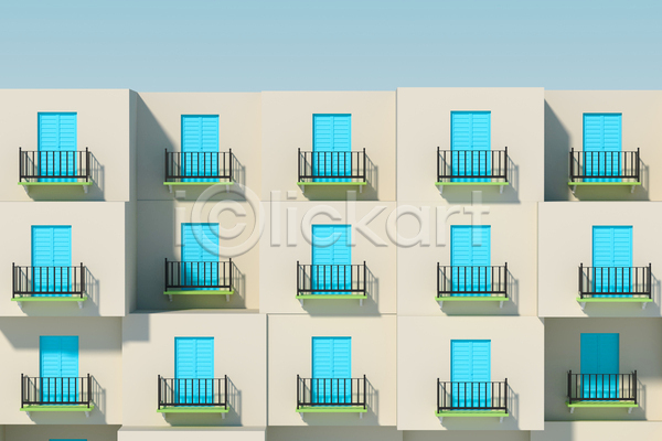 사람없음 3D JPG 포토 해외이미지 건물 공간 난간 발코니 백그라운드 베이지색 외관 창문 하늘색