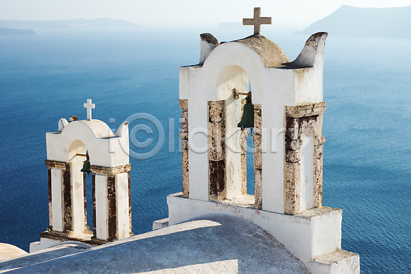 사람없음 JPG 포토 해외이미지 교회 그리스 산토리니 십자가 여름(계절) 유럽 종탑 파란색 하늘 햇빛 휴양지