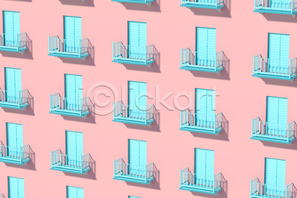사람없음 3D JPG 포토 해외이미지 공간 난간 발코니 백그라운드 분홍색 외관 창문 하늘색