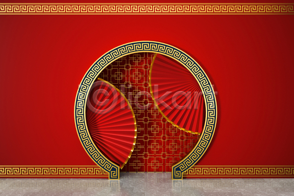 사람없음 3D JPG 포토 해외이미지 공간 백그라운드 벽 빨간색 스타일 원형 전통문양 중국전통