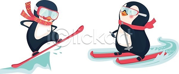 사람없음 EPS 일러스트 해외이미지 겨울 고글 동물캐릭터 목도리 스노우보드 스키 스키타기 점프 팔벌리기 펭귄 펭귄캐릭터