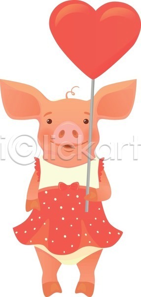 귀여움 사람없음 EPS 일러스트 해외이미지 돼지 돼지캐릭터 들기 미소(표정) 원피스 하트 한마리