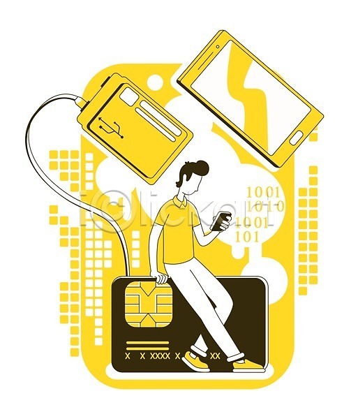 남자 성인 성인남자한명만 한명 EPS 일러스트 해외이미지 노란색 들기 라인아트 보배 비즈니스 스마트폰 신용카드 앉기 전신 충전