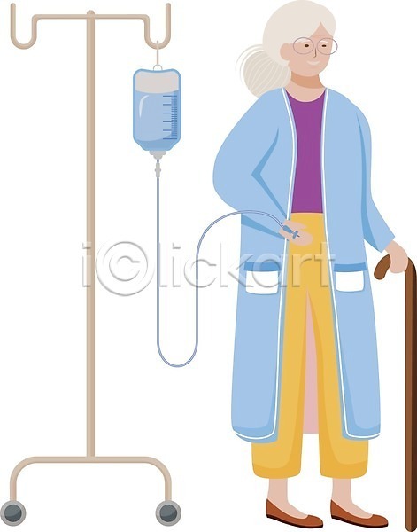 노년 노인여자한명만 여자 한명 EPS 일러스트 해외이미지 건강 걷기 약 잡기 전신 지팡이 질병 치료 하늘색 할머니 헬프 환자