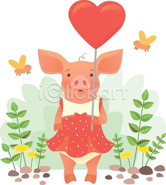 귀여움 사람없음 EPS 일러스트 해외이미지 곤충 돌 돼지 돼지캐릭터 들기 미소(표정) 민들레 원피스 잎 하트 한마리